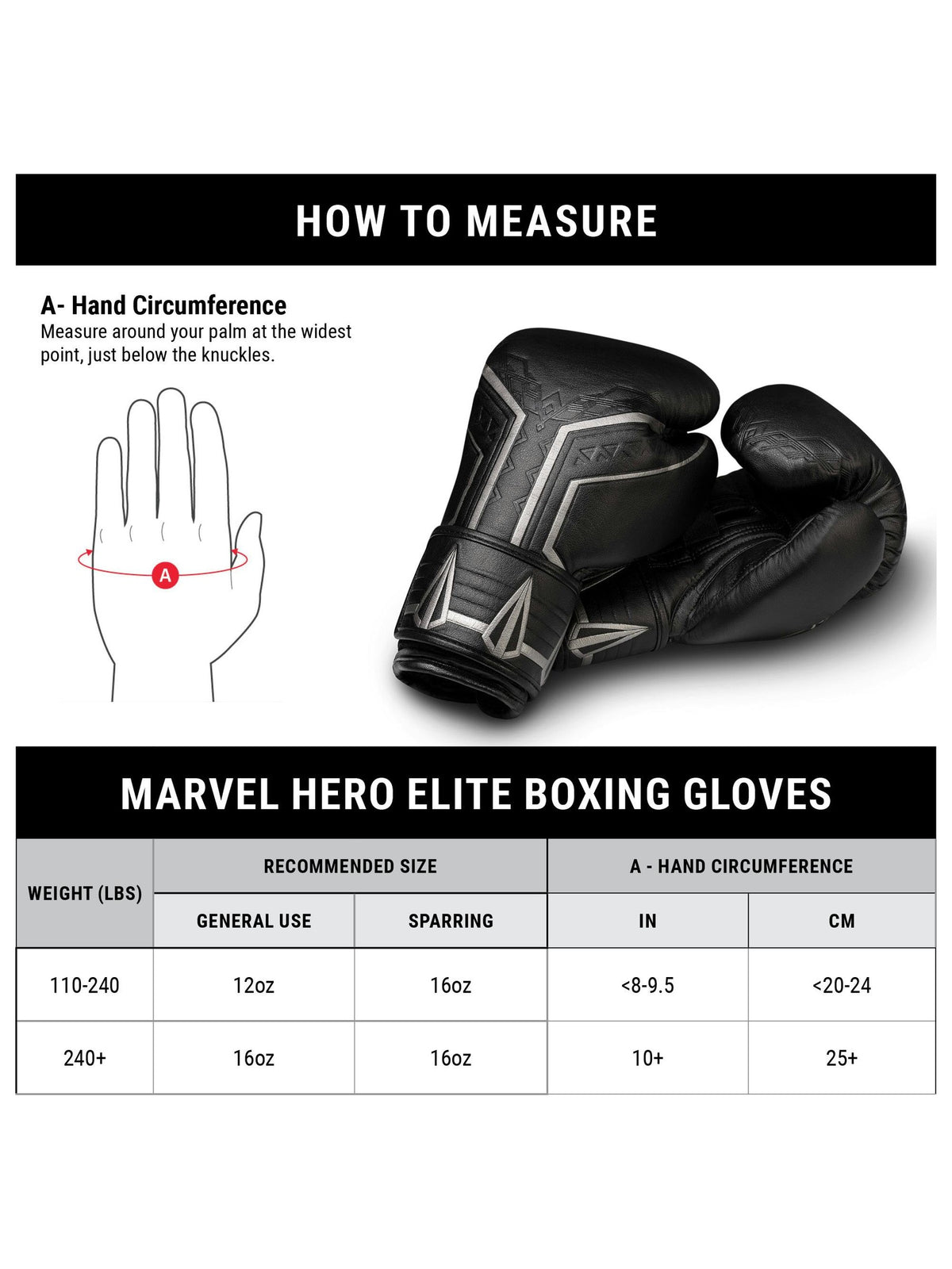 Marvel's Black Panther Boxing Gloves, black, size chart