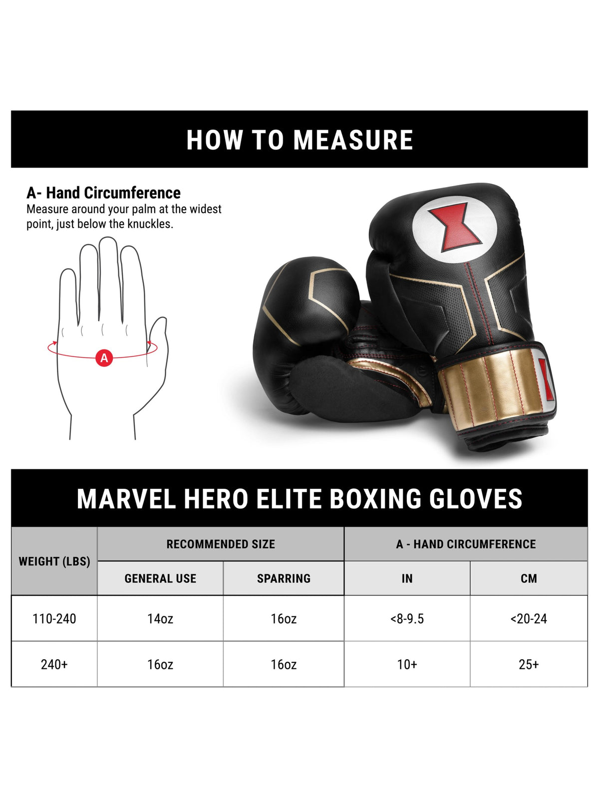 Marvel's Black Widow Boxing Gloves, black/red, size chart