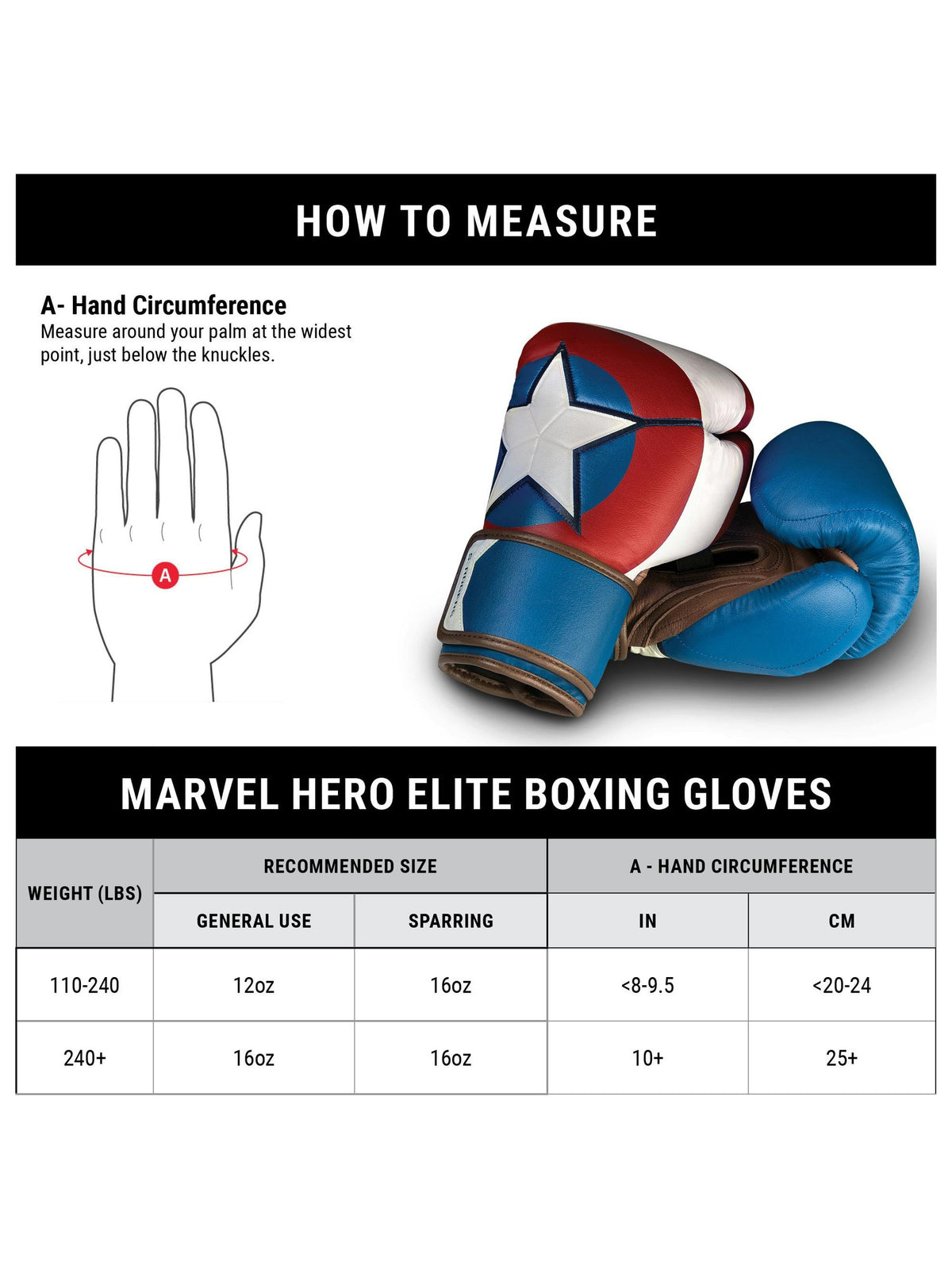 Marvel's Captain America Boxing Gloves, red/white/blue, size chart