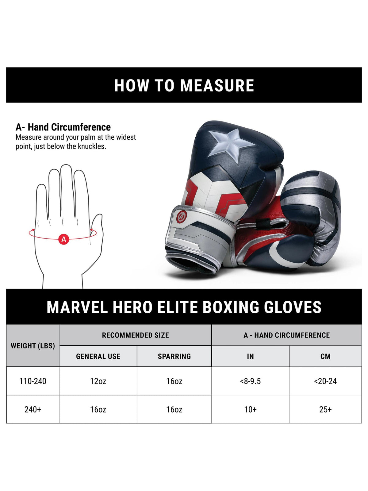 Marvel's Captain America (Sam Wilson) Boxing Gloves, silver/blue, size chart