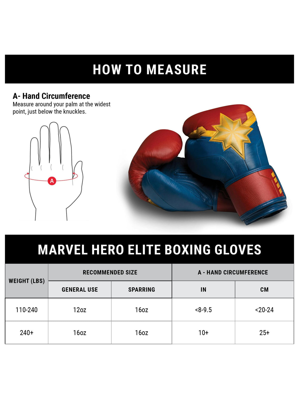 Marvel's Captain Marvel Boxing Gloves, red/blue, size chart