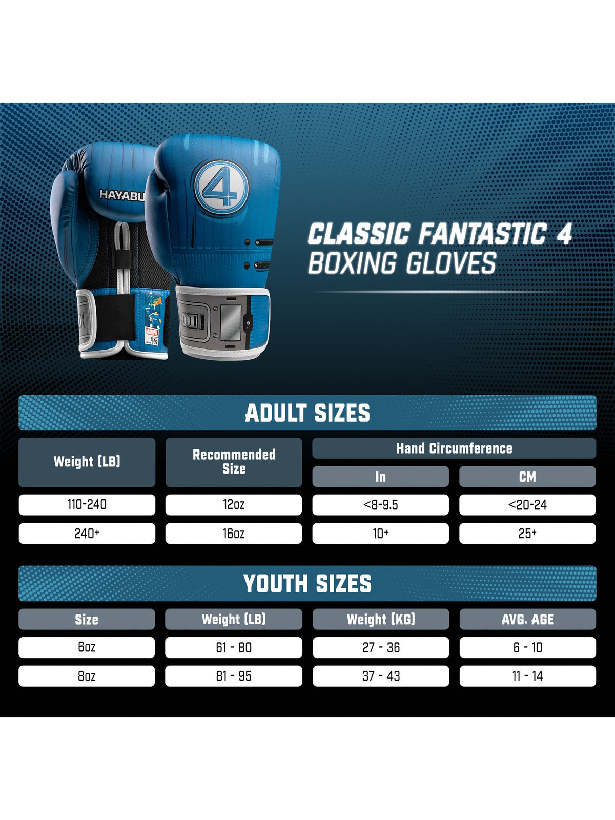 Marvel's Classic Fantastic Four Boxing Gloves, blue, size chart