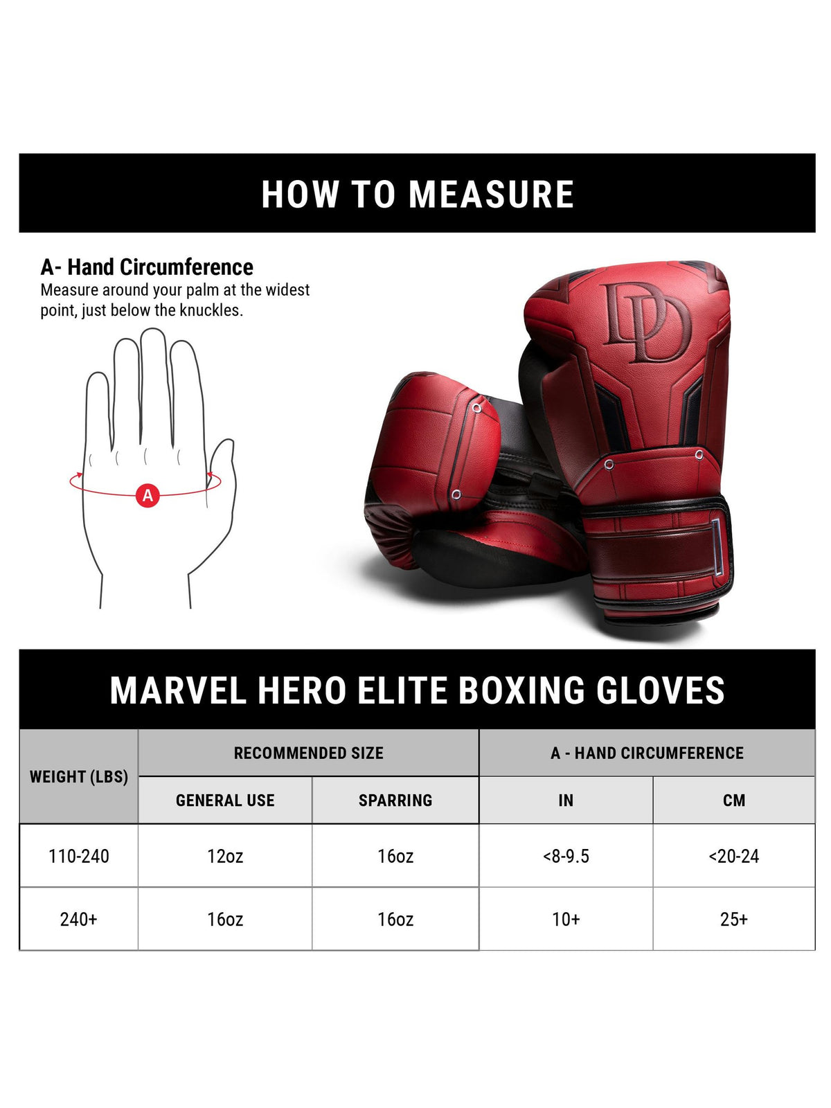 Marvel's Daredevil Boxing Gloves, red, size chart