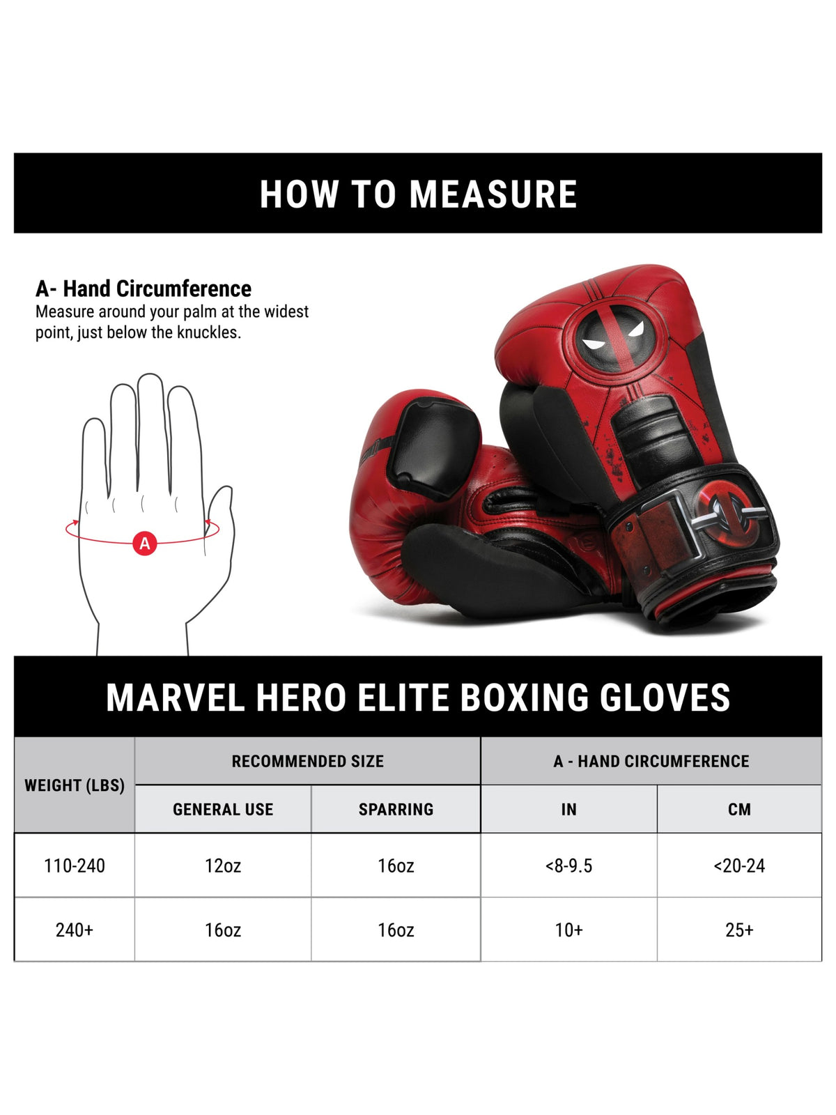 Marvel's Deadpool Boxing Gloves, red/black, size chart