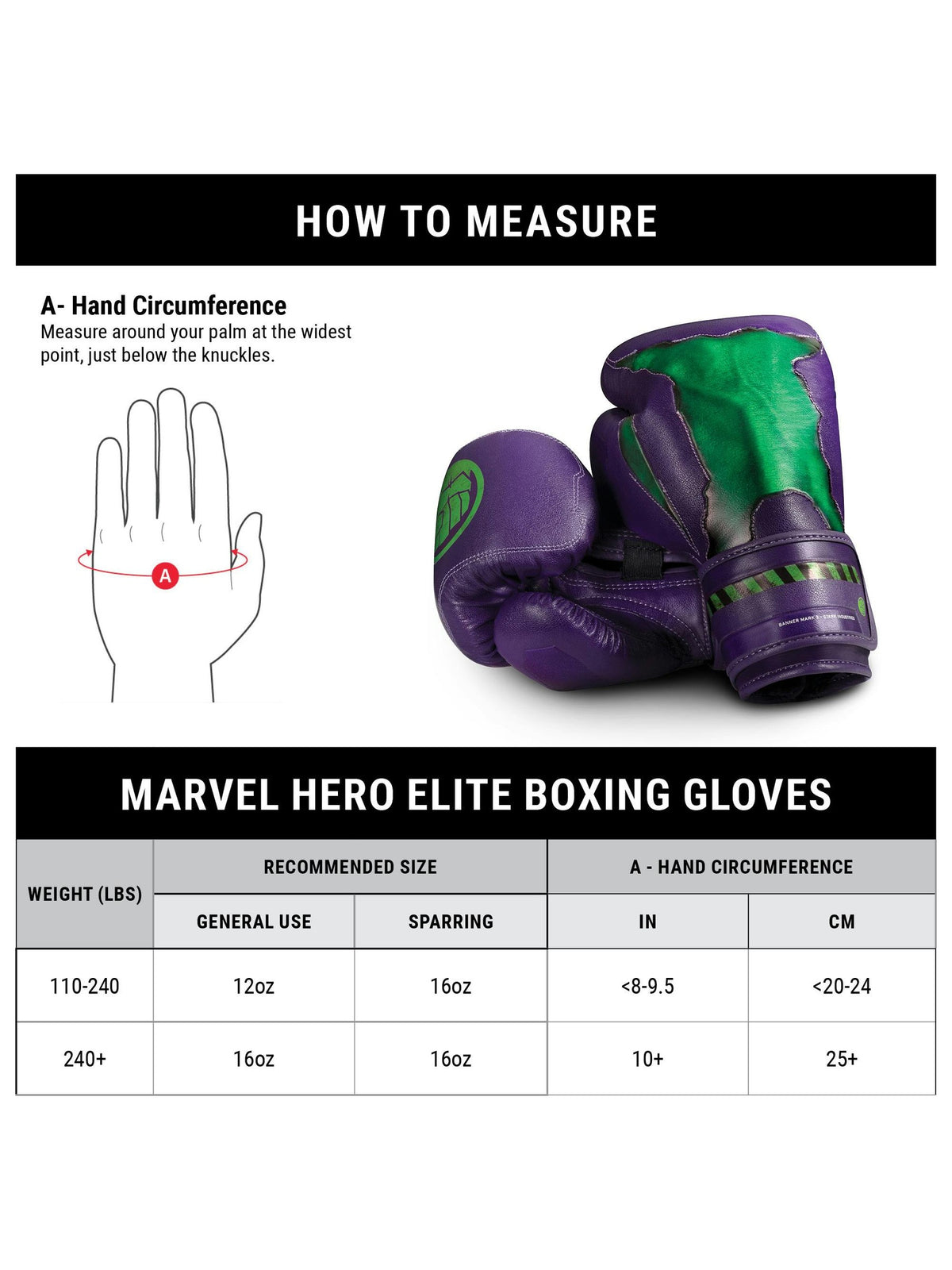 Marvel's Hulk Boxing Gloves, purple/green, size chart