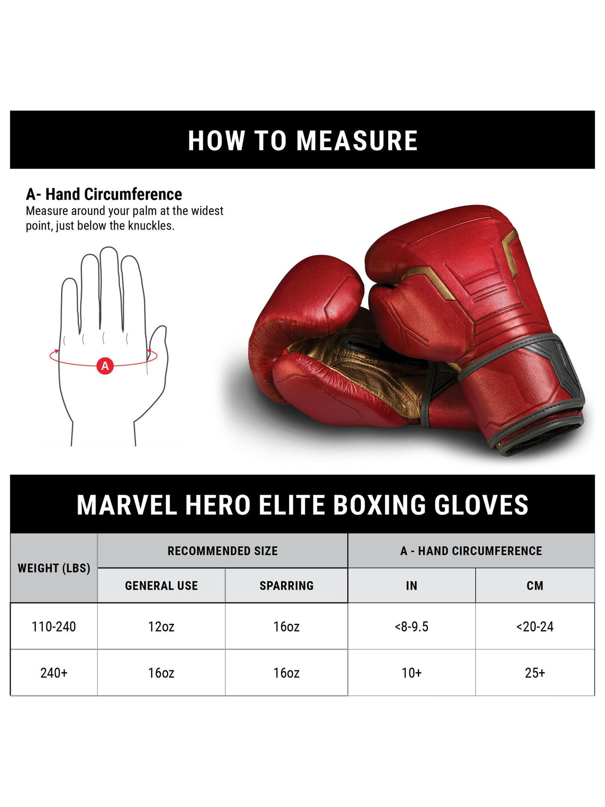 Marvel's Iron Man Boxing Gloves, red/gold, size chart