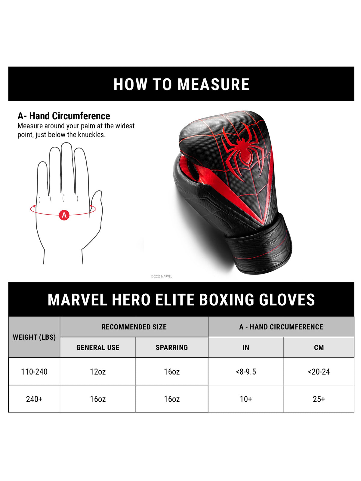 Marvel's Miles Morales Boxing Gloves, black/red, size chart