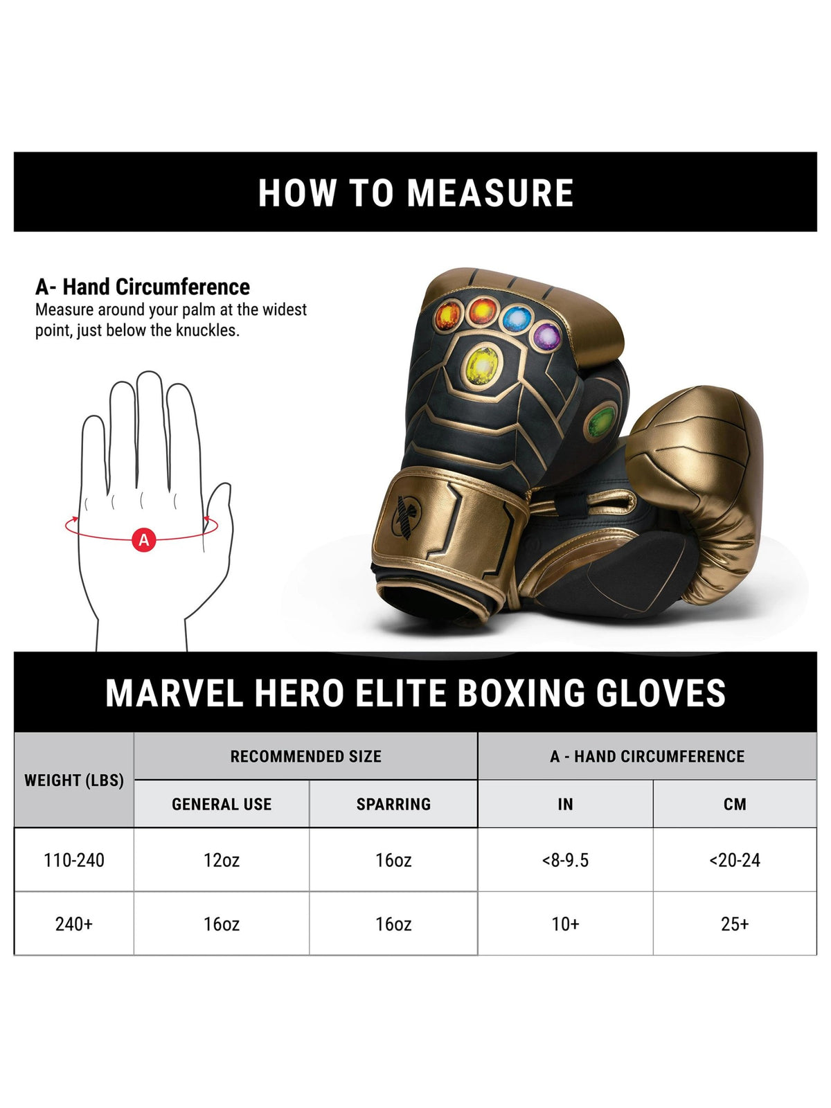Marvel's Thanos Boxing Gloves, gold/black, size chart