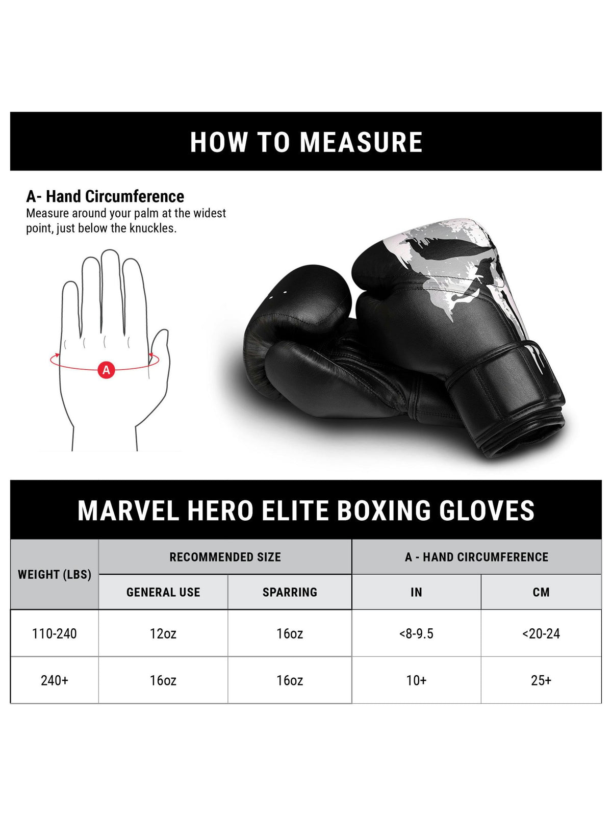 Marvel's The Punisher Boxing Gloves, black, size chart