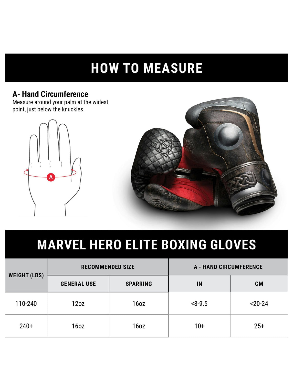 Marvel's Thor Boxing Gloves, brown/silver, size chart