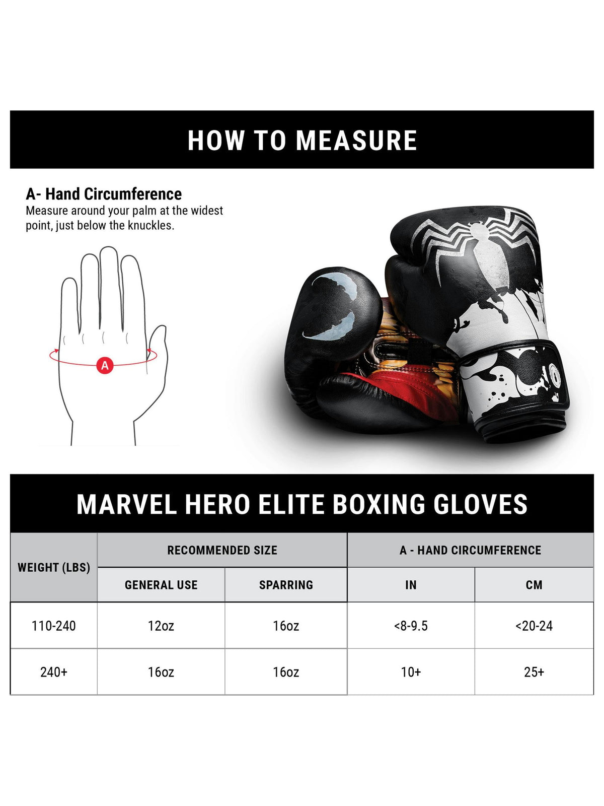 Marvel's Venom Boxing Gloves, black/white, size chart