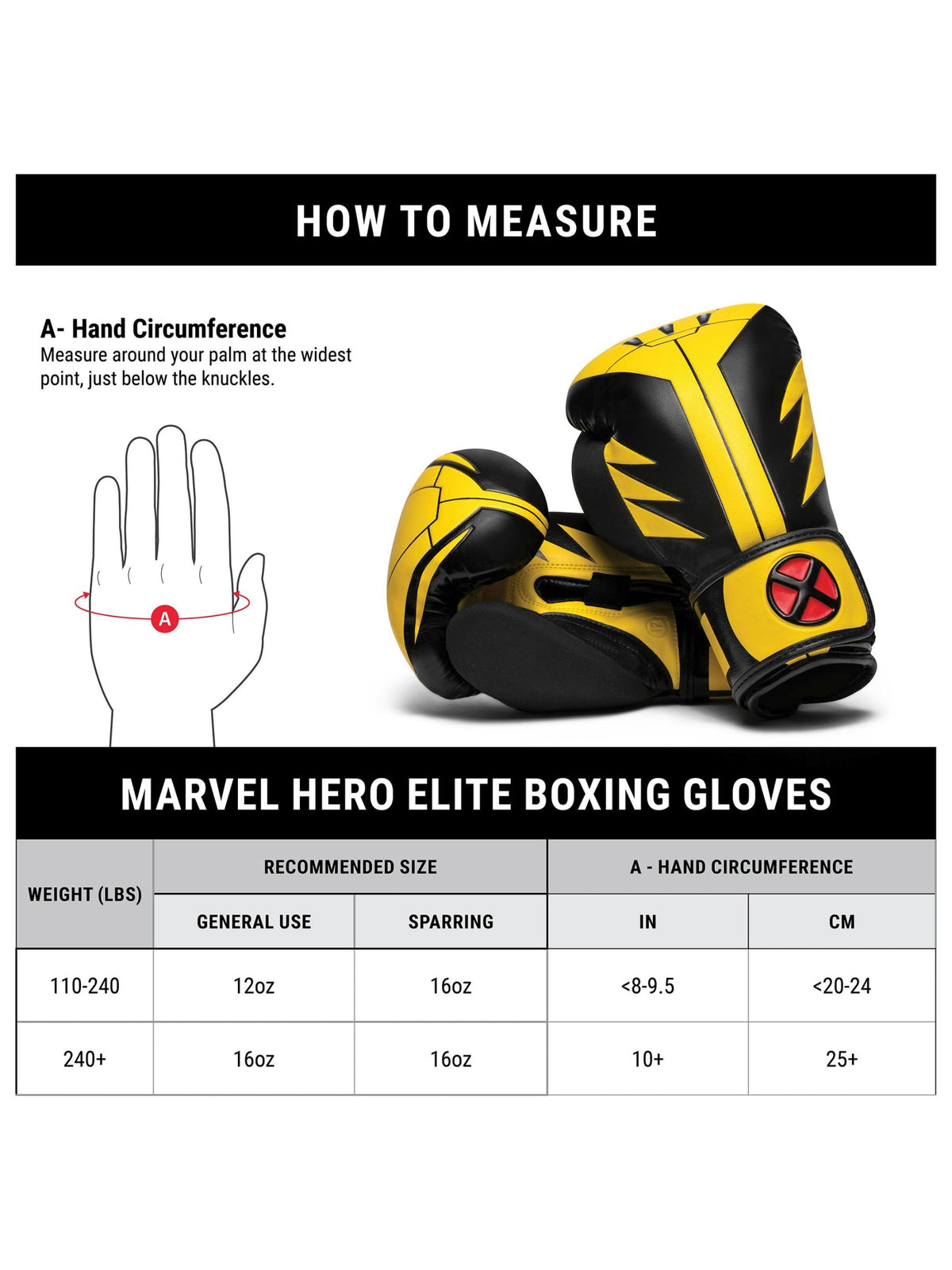 Marvel's Wolverine Boxing Gloves, yellow/black, size chart
