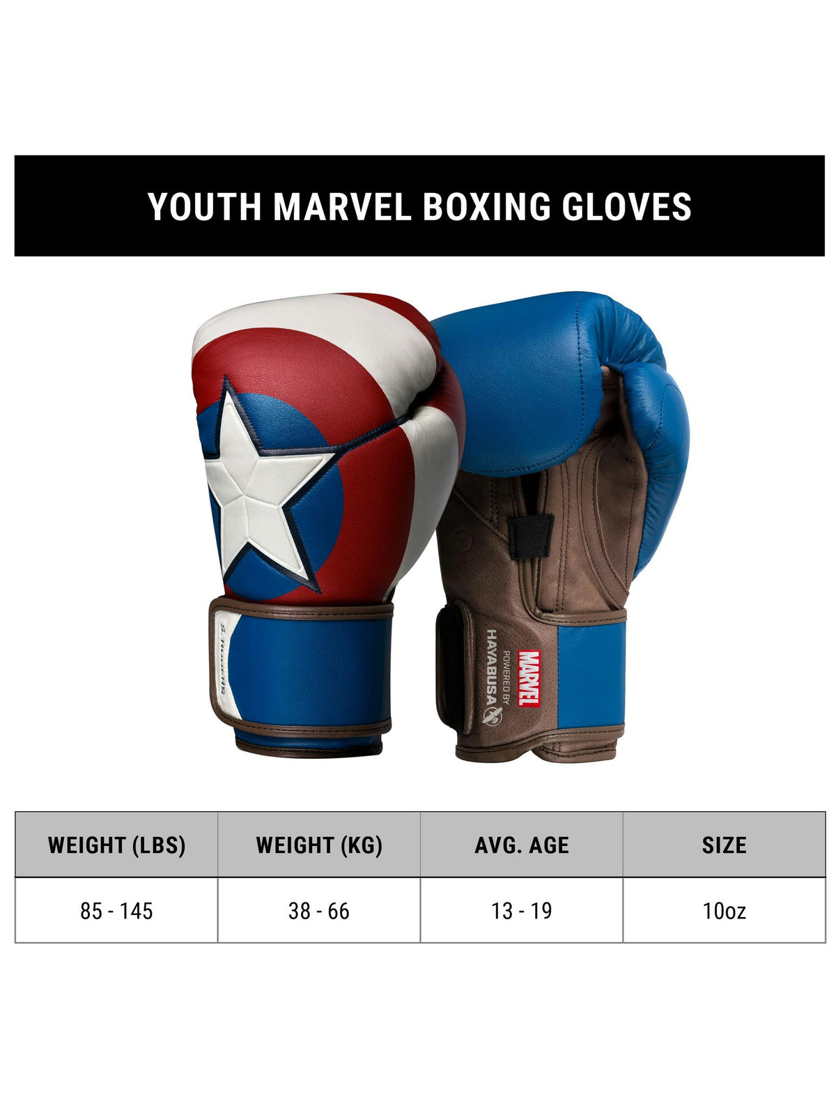 Marvel's Youth Captain America Boxing Gloves, red/white/blue, size chart