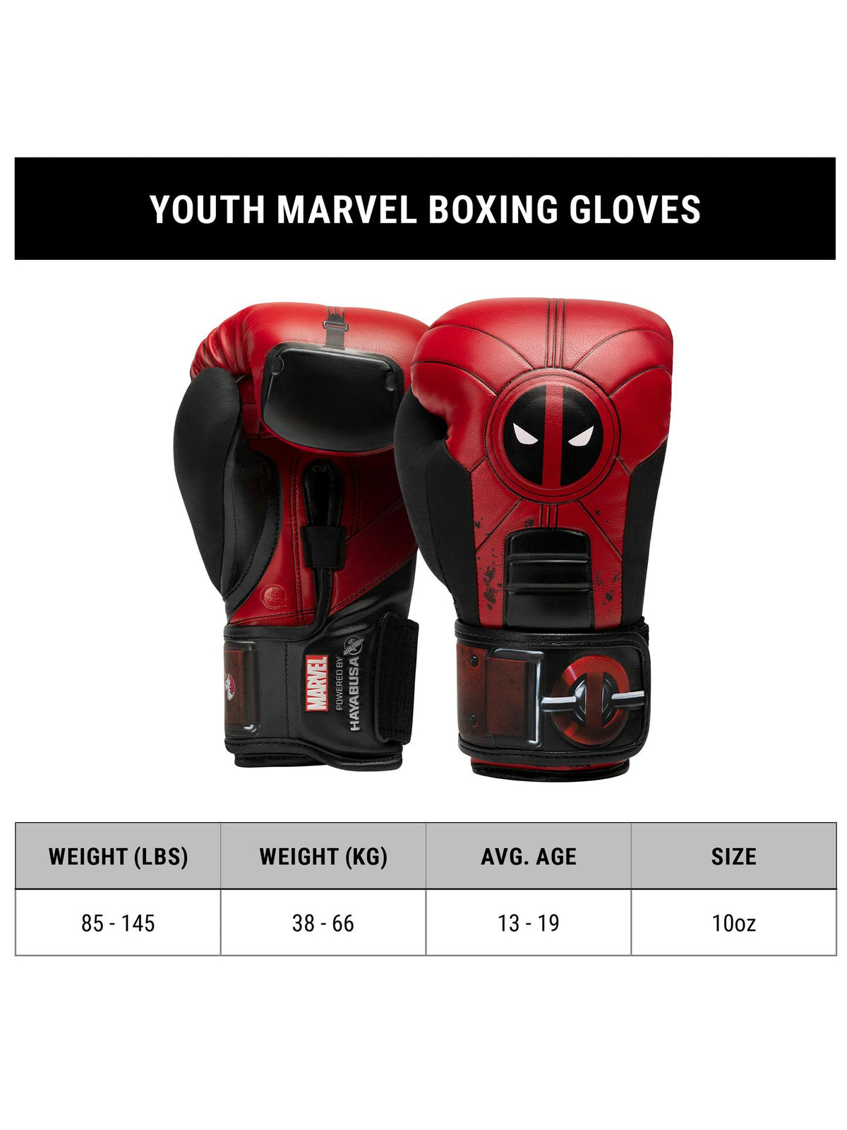 Marvel's Youth Deadpool Boxing Gloves, red/black, size chart