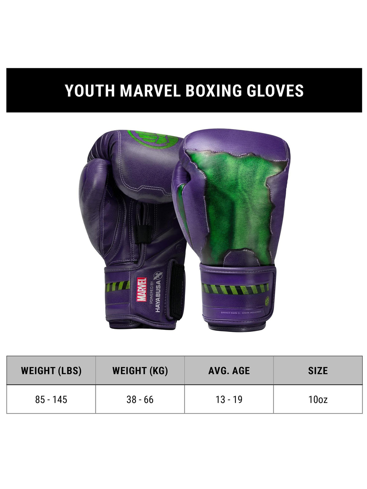 Marvel's Youth Hulk Boxing Gloves, purple/green, size chart