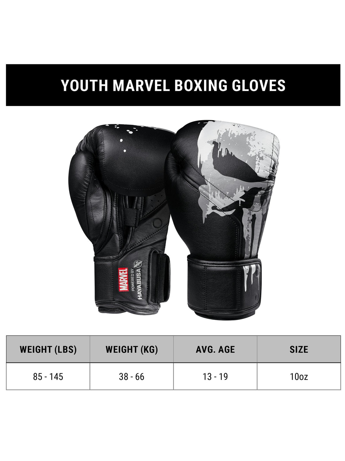 Marvel's Youth Punisher Boxing Gloves, black, size chart