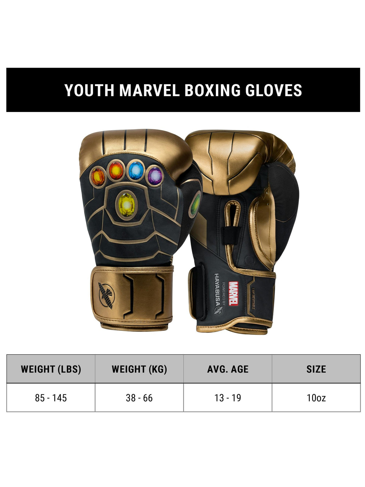 Marvel's Youth Thanos Boxing Gloves, gold/black, size chart