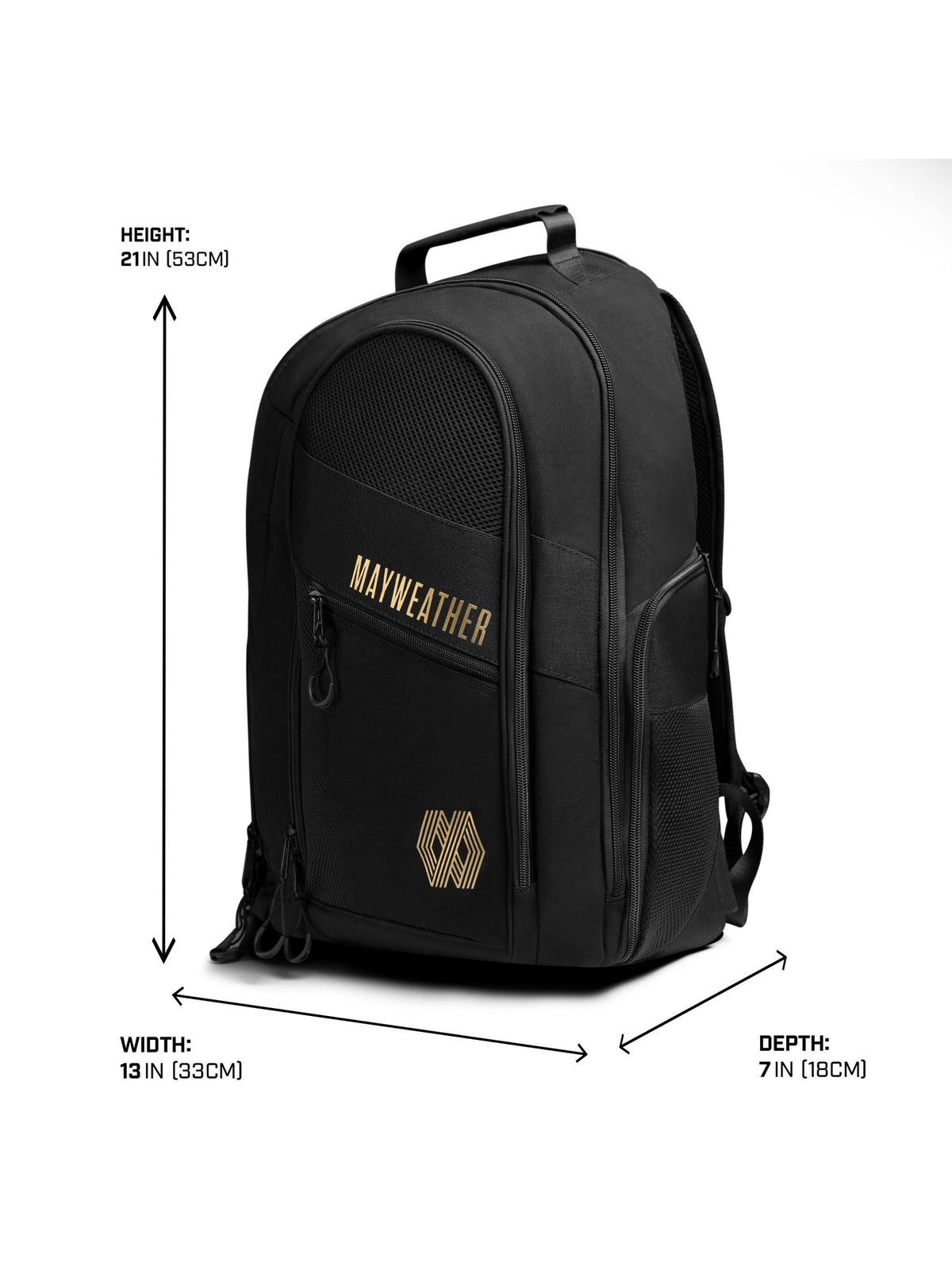 Mayweather Boxing Backpack, black/gold, size chart