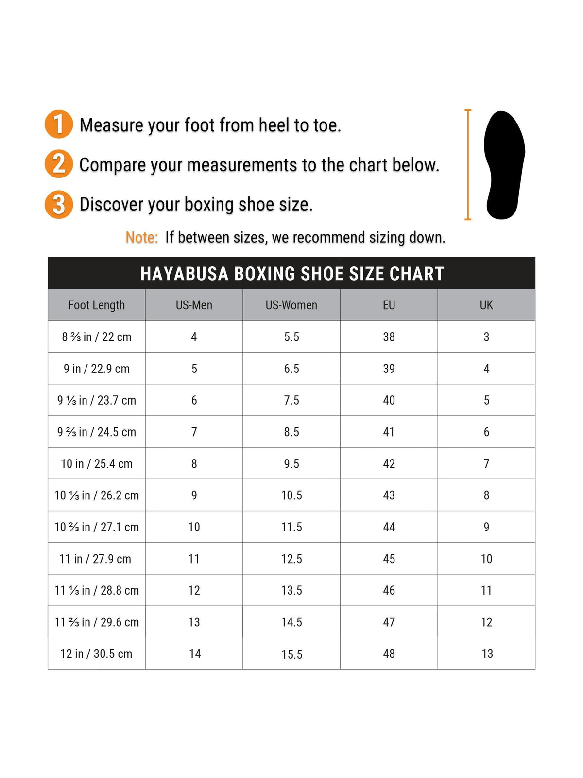 Mayweather Champ Boxing Shoes, size chart