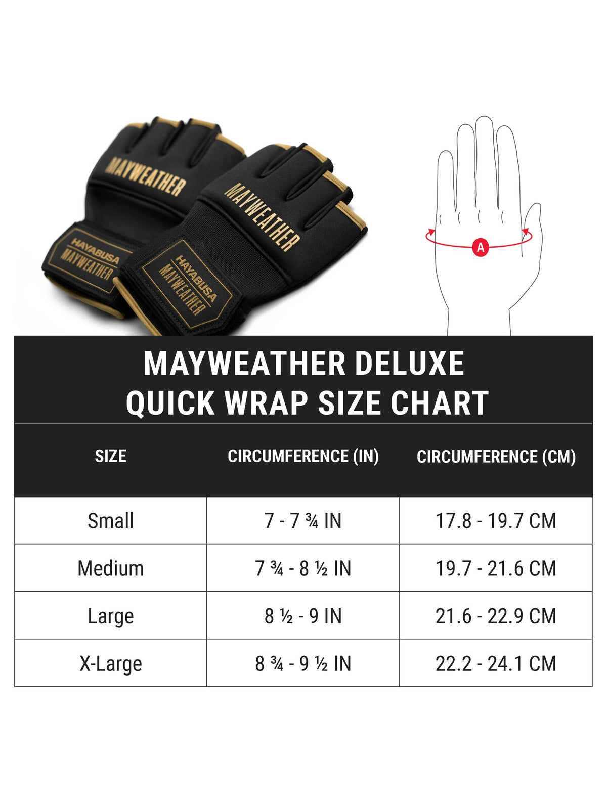 Mayweather Deluxe Quick Wraps, black/gold, size chart