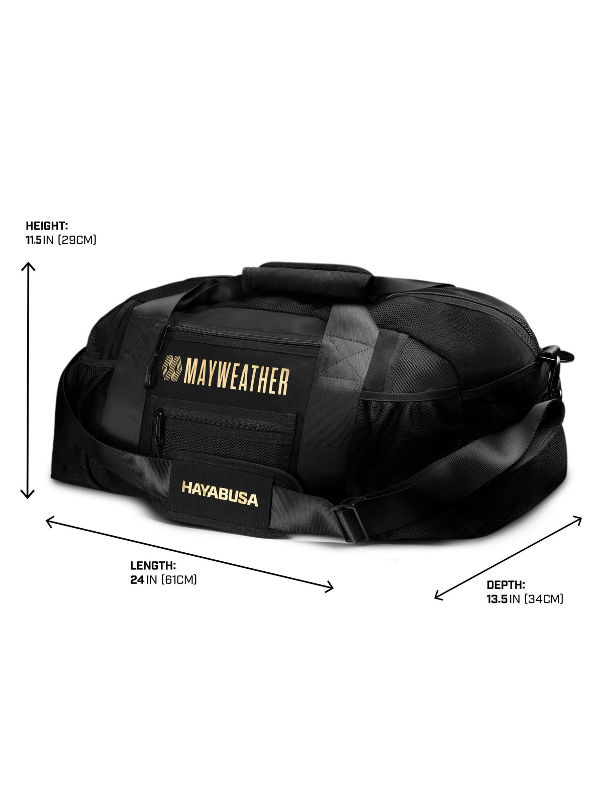 Mayweather Mesh Gym Bag, black/gold, size chart