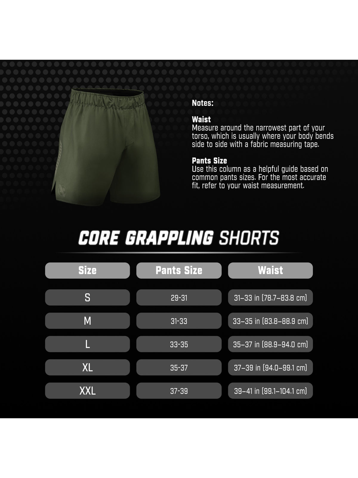 Hayabusa Men's Core Grappling Shorts, size chart