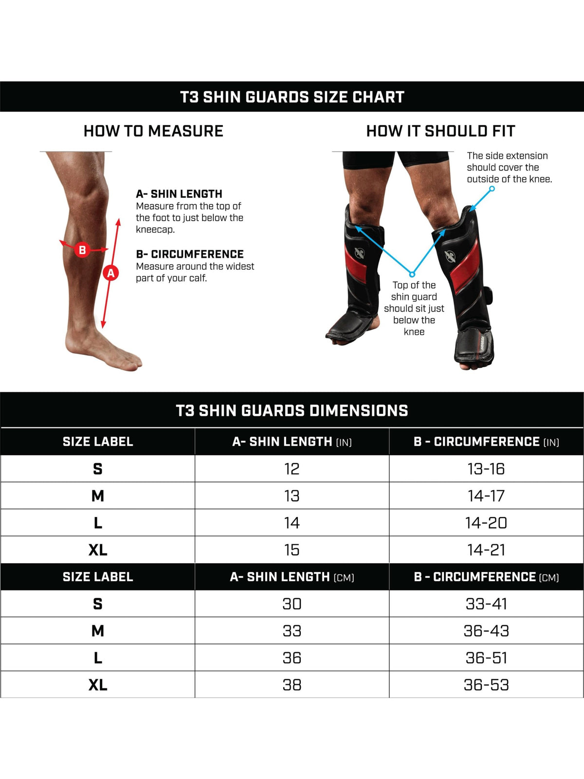 Hayabusa T3 LX Shin Guards, size chart
