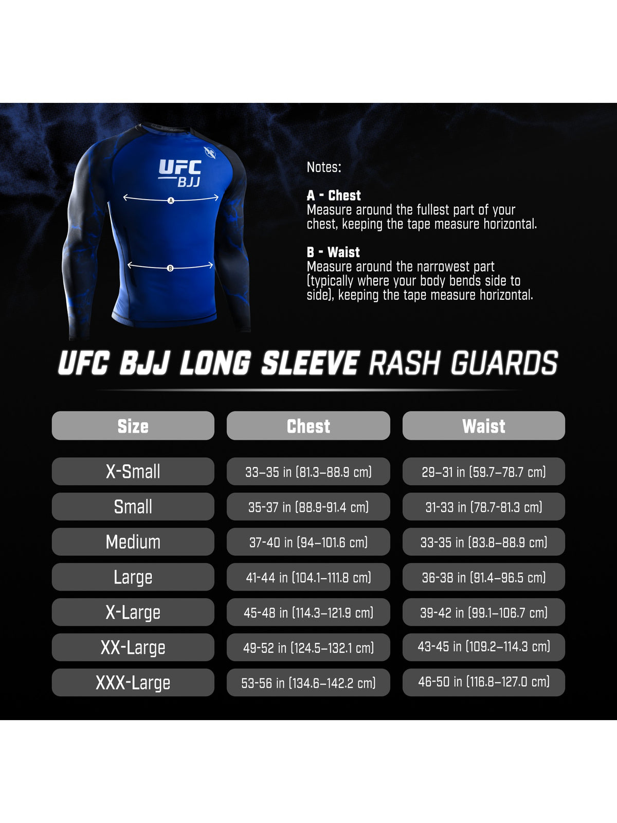 UFC BJJ Men's Long Sleeve Rash Guard, size chart