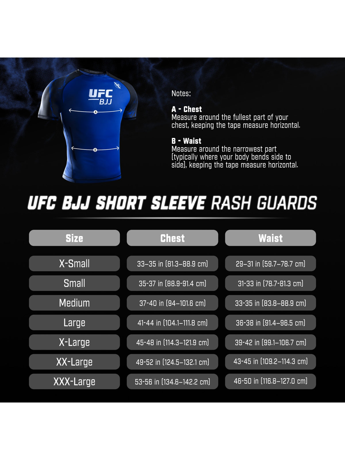 UFC BJJ Men's Short Sleeve Rash Guard, size chart