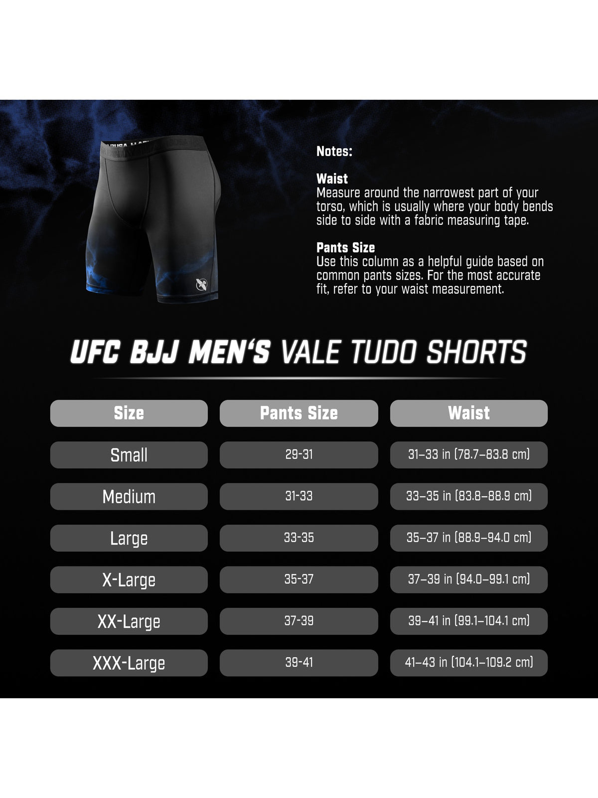 UFC BJJ Men's Vale Tudo Shorts, size chart