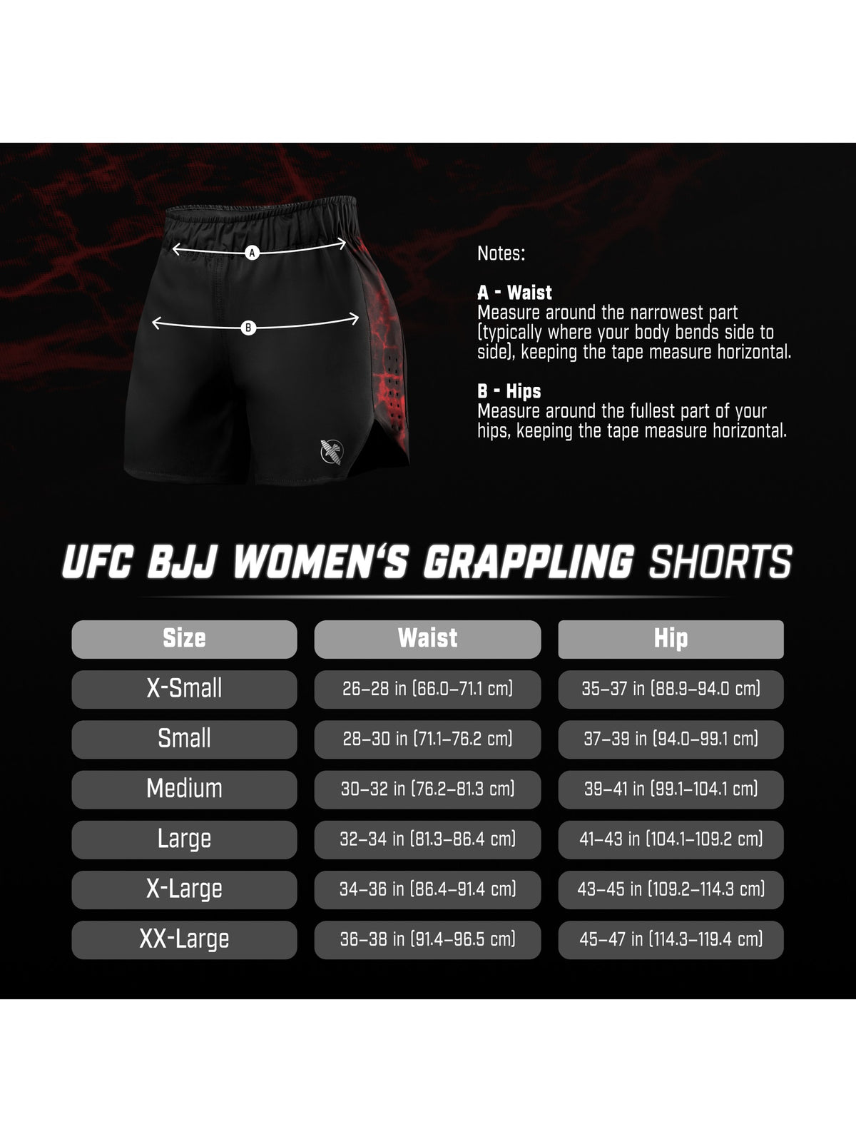 UFC BJJ Women's Grappling Shorts, size chart