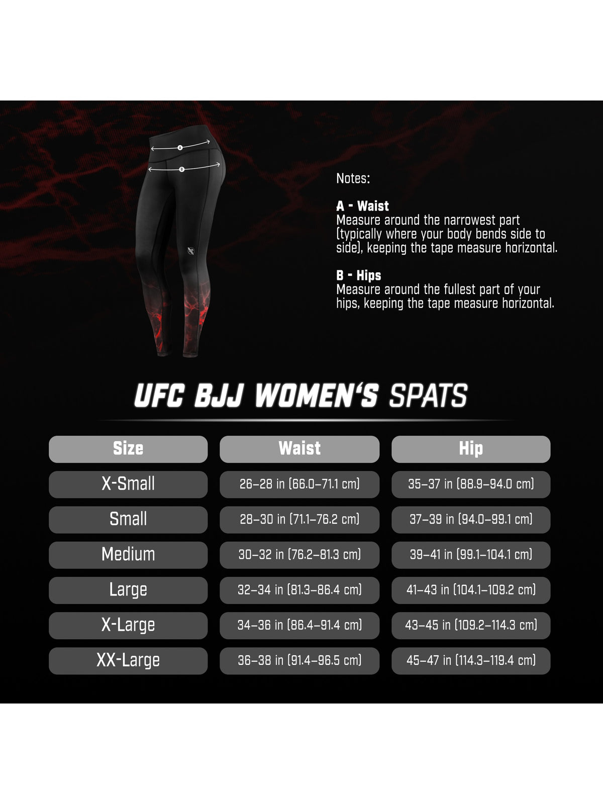 UFC BJJ Women's Leggings, size chart