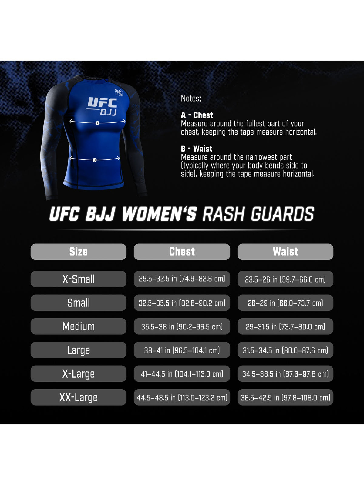 UFC BJJ Women's Long Sleeve Rash Guard, size chart