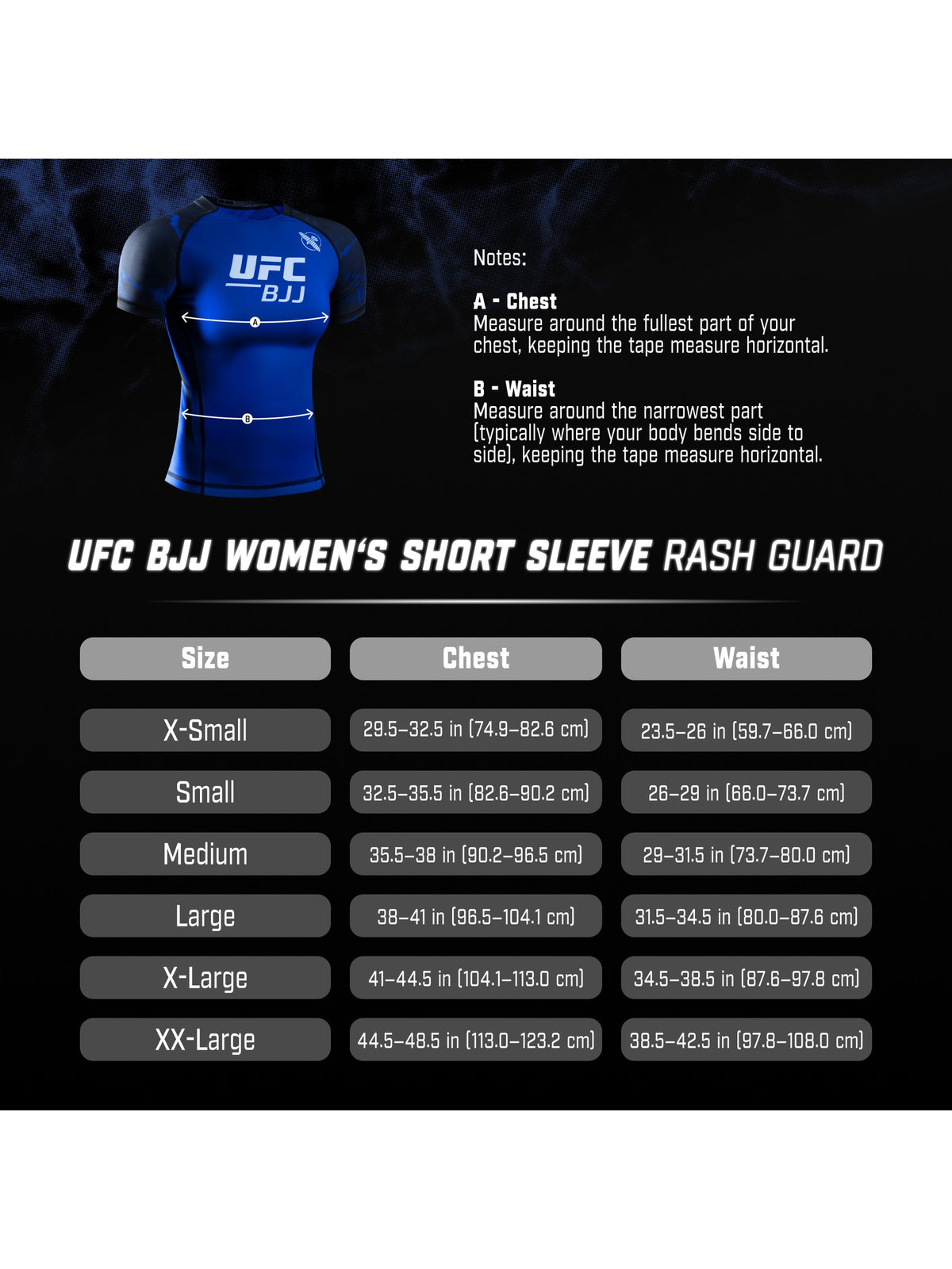 UFC BJJ Women's Short Sleeve Rash Guard, size chart
