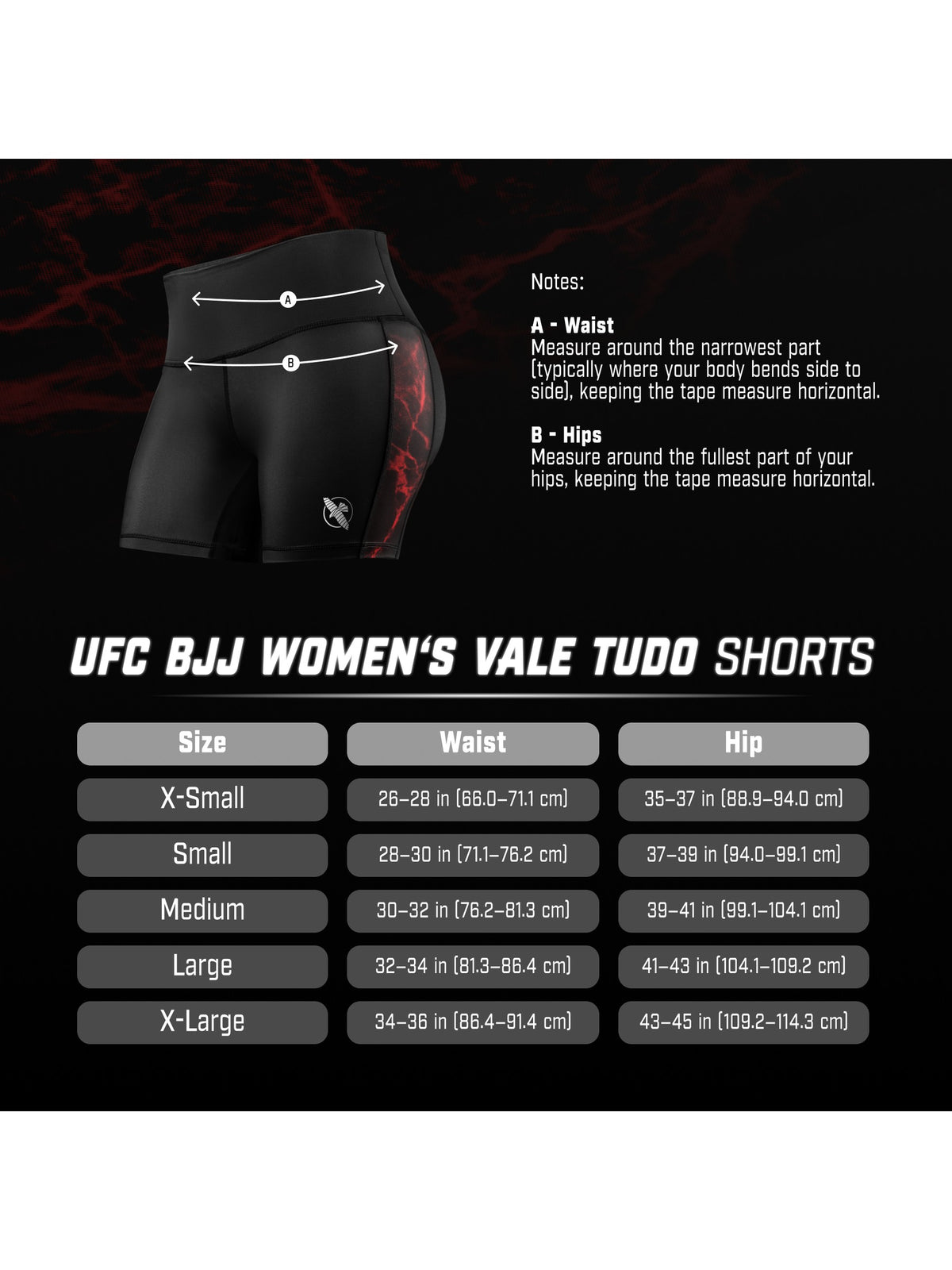 UFC BJJ Women's Vale Tudo Shorts, size chart